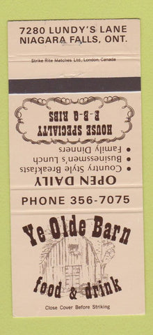 Matchbook Cover - Ye Olde Barn Food Drink Niagara Falls ON 30 Strike