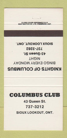 Matchbook Cover - Columbus Club Knights of Columbus Sioux Lookout ON 30 Strike