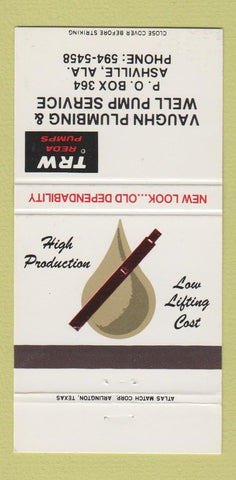 Matchbook Cover - Vaughn Plumbing Well Pump Ashville AL 30 Strike