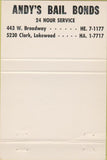 Matchbook Cover - Andy's Bail Bonds Lakewood CA WEAR 40 Strike