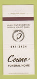 Matchbook Cover - Coreno Funeral Home Cleveland OH 30 Strike