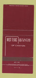Matchbook Cover - West Texas State Bank Canyon TX 30 Strike