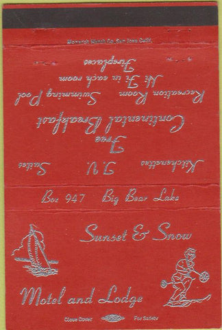 Matchbook Cover - Sunset  and  Snow Lodge Big Bear Lake CA 40 Strike
