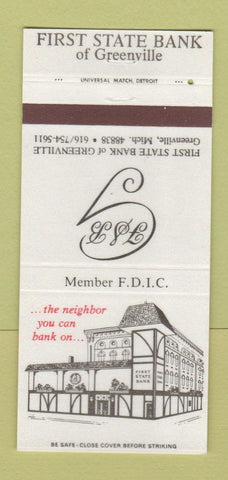 Matchbook Cover - First State Bank Greenville MI 30 Strike