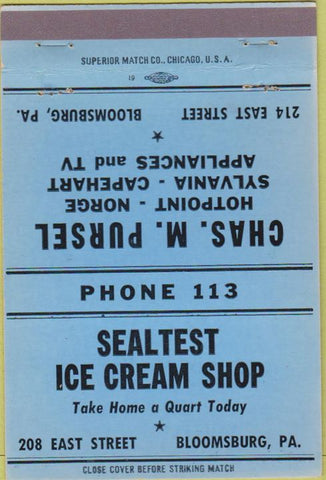 Matchbook Cover - Pursel Appliances Ice Cream Bloomsburg PA 40 Strike