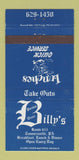 Matchbook Cover - Billy's Restaurant Diner Tannersville PA WEAR 30 Strike