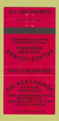 Matchbook Cover - Palace Lounge Strip Club? Matthews NC RED 30 Strike