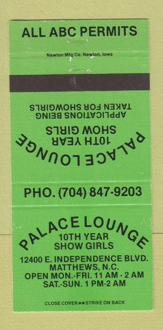 Matchbook Cover - Palace Lounge Strip Club? Matthews NC GREEN 30 Strike