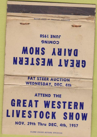 Matchbook Cover - Great Western Stock Show 1957 dairy WORN 40 Strike