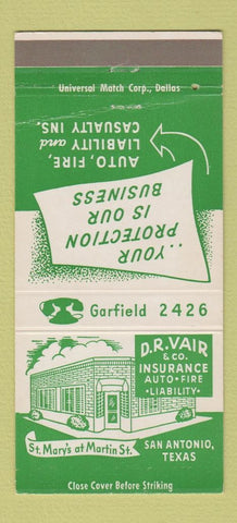 Matchbook Cover - DR Vair Insurance San Antonio TX WEAR 30 Strike