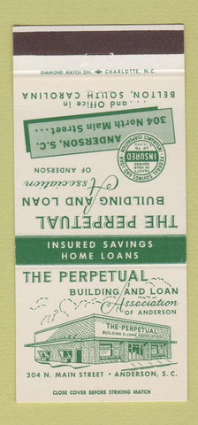Matchbook Cover - Perpetual Building and Loan Belton SC Anderson 30 Strike