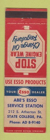 Matchbook Cover - Esso oil gas Abe's State College PA