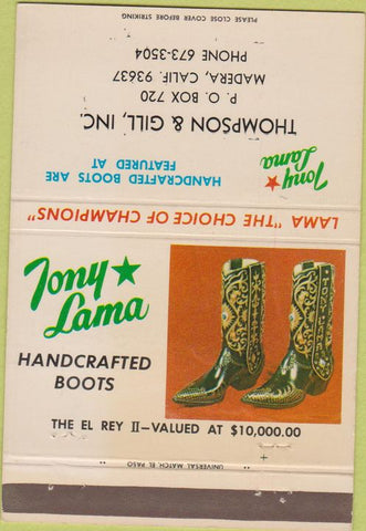 Matchbook Cover - Tony Lama Cowboy Boots Madera CA WEAR 40 Strike