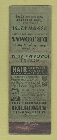 Matchbook Cover - Dr Roman Hair Growing System New York City UNION QUALITY WORN