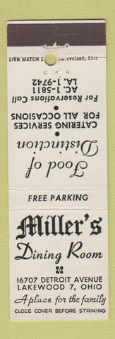 Matchbook Cover - Miller's Restaurant Lakewood OH