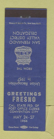 Matchbook Cover - California Post Office Clerks Convention Fresno CA 1956