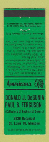 Matchbook Cover Perkins Americana Match Collectors St Louis MO DeGunia Ferguson