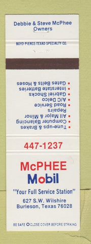 Matchbook Cover - McPhee Mobil oil gas Burleson TX
