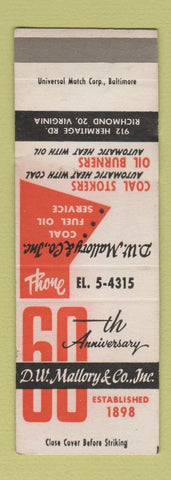 Matchbook Cover - DW Mallory Coal Stokers Richmond VA SAMPLE