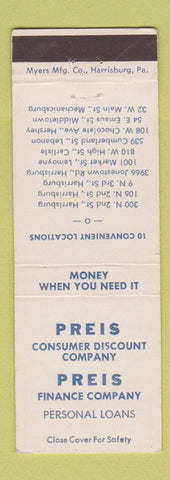 Matchbook Cover - Preis Finance Discount Harrisburg Carlisle Lebanon PA