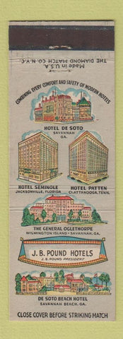 Matchbook Cover - JB Pound Hotels Savannah GA Chattanooga TN Jacksonville FL