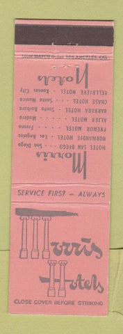 Matchbook Cover - Morris Hotels San Diego Fresno Madera Santa Barbara Monica CA