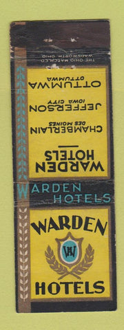 Matchbook Cover - Warden Hotels Ottumwa Iowa City Des Moines IA WORN