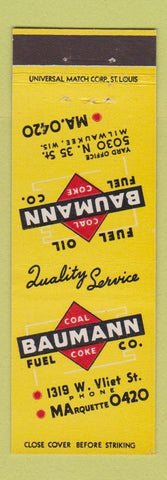 Matchbook Cover - Baumann Coal Coke Milwaukee WI