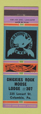 Matchbook Cover - Moose Lodge Chickies Rock Columbia PA