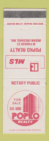 Matchbook Cover - Popko Real Estate Indian Orchard MA