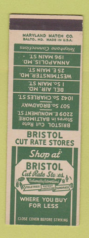 Matchbook Cover - Bristol Cut Rate Annapolis Westminster Bel Air Baltimore MD