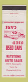 Matchbook Cover - Keystone Auto Sales Cars York PA WEAR