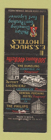 Matchbook Cover - ES Shuck Hotels Ligonier Clearfield Philipsburg PA