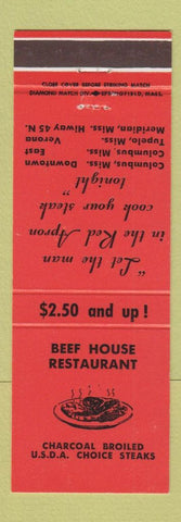 Matchbook Cover - Beef House Restaurant Columbus Tupelo Meredian MS