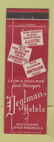 Matchbook Cover - Deglman Hotels Marquette Sault Ste Marie Hancock MI WEAR