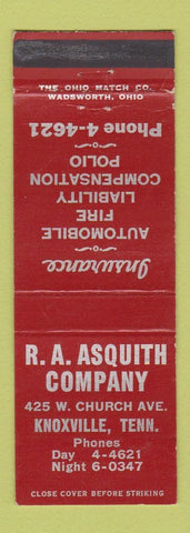 Matchbook Cover - RA Asquith Company Knoxville TN Insurance WEAR