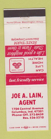 Matchbook Cover - State Farm Insurance Joe Lain Columbus IN
