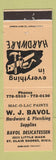 Matchbook Cover - WJ Bavol Hardware Plumbing Deli St Clair Shores MI