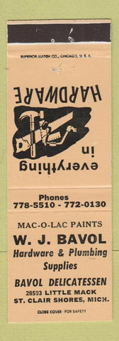 Matchbook Cover - WJ Bavol Hardware Plumbing Deli St Clair Shores MI