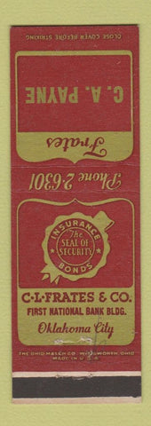 Matchbook Cover - CL Frates Insurance Bonds CA Payne Oklahoma City OK