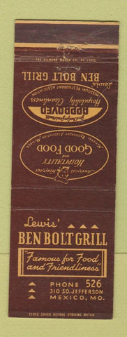 Matchbook Cover - Lewis' Ben Bolt Grill Mexico MO low phone # WORN