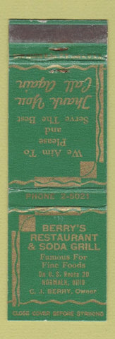 Matchbook Cover - Berry's Restaurant Soda Grill Norwalk OH WEAR
