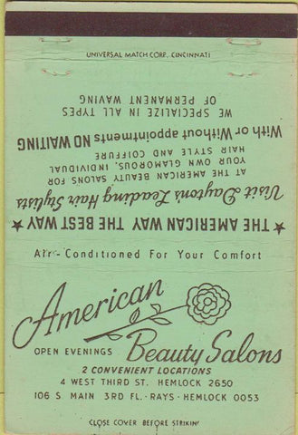 Matchbook Cover - American Beauty Salons Cincinnati OH? 40 Strike