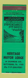 Matchbook Cover - Heritage Motor Lodge Gettysburg PA GREEN
