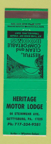 Matchbook Cover - Heritage Motor Lodge Gettysburg PA GREEN