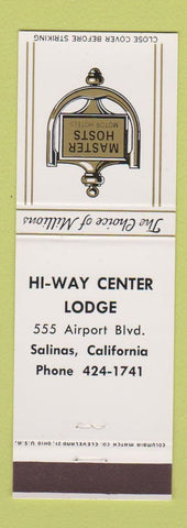 Matchbook Cover - Hi Way Center Lodge Master Hosts Salinas CA