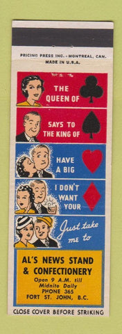 Matchbook Cover - Al's News Stand Confectionery Fort St John BC
