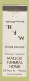 Matchbook Cover - Thomas Malecki Funeral Home Vernon NY  CREASED