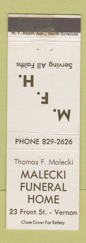 Matchbook Cover - Thomas Malecki Funeral Home Vernon NY  CREASED