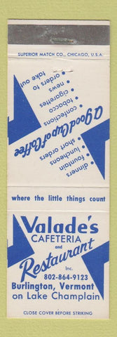 Matchbook Cover - Valade's Cafeteria Restaurant Burlington VT